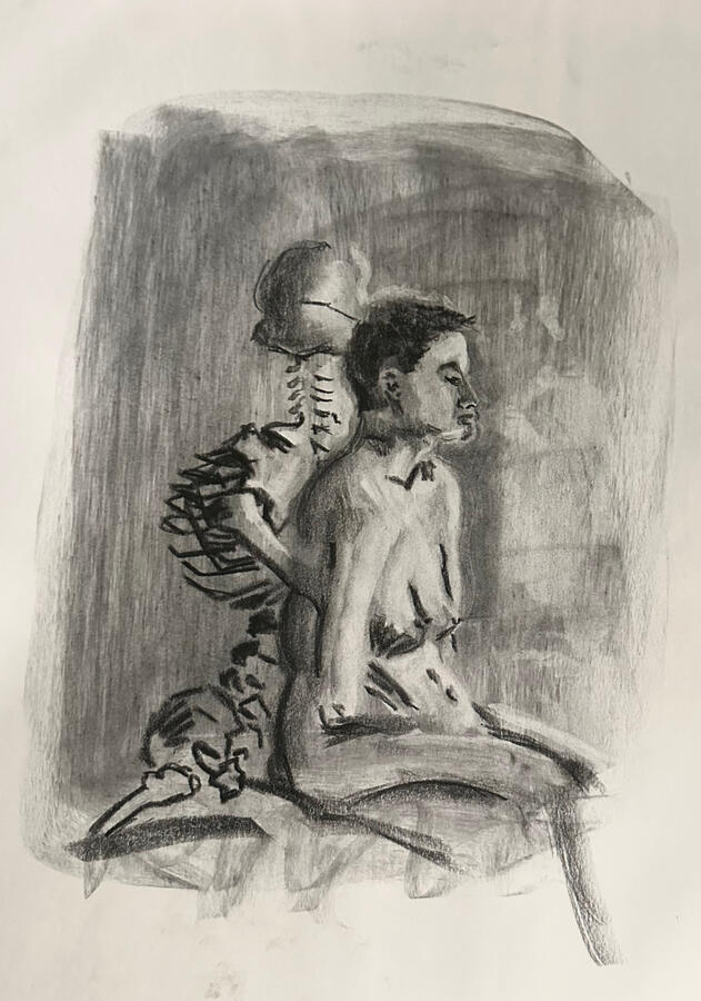 20 min, Figure and Skeleton – Hard, Soft Charcoal, Newsprint; 18" x 24" (2023)